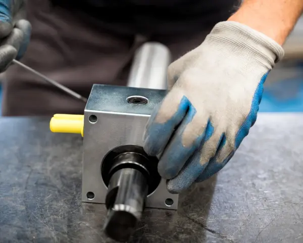 Ręce w rękawiczkach montują element mechaniczny, prawdopodobnie sprzęgła zębate, używając narzędzi.