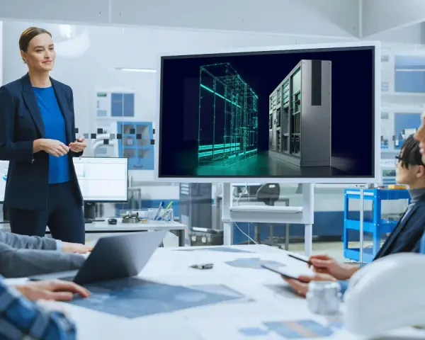 Zespół omawia projekt z wykorzystaniem oprogramowania Siemens PLM. Na ekranie widoczny jest trójwymiarowy model szafy sterowniczej.