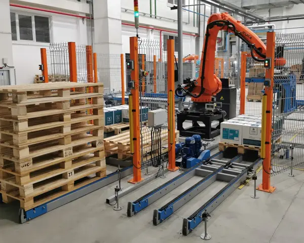 Nowoczesne systemy paletyzacji: robot KUKA układa paczki na palecie na linii produkcyjnej.
