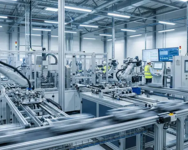 Nowoczesna linia produkcyjna z robotami przemysłowymi, gdzie pracownicy nadzorują procesy i wykonują przeglądy okresowe.