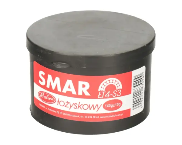 Czarny pojemnik ze smarem łożyskowym Malwa ŁT4-S3, 140g. Niezbędny do konserwacji maszyn.