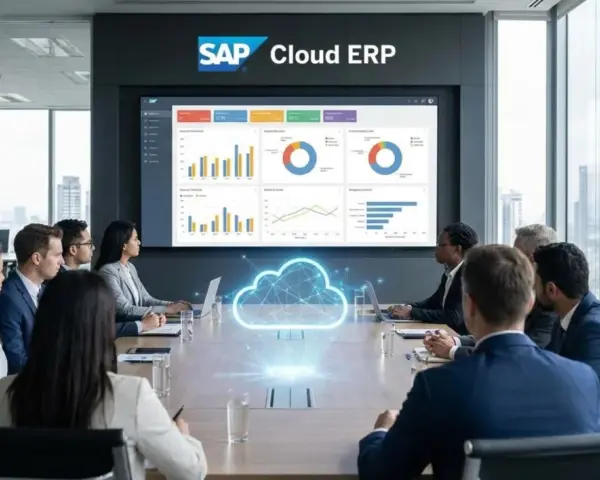 Zespół omawia dane na ekranie z logo SAP Cloud ERP. To pokazuje, sap co to jest: system zarządzania zasobami przedsiębiorstwa w chmurze.