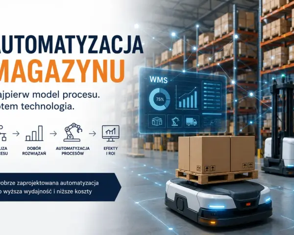 Nowoczesny magazyn z autonomicznym robotem transportującym paczki. Automatyzacja magazynu to klucz do efektywności.