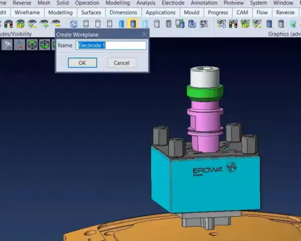 Tworzenie płaszczyzny roboczej dla elektrod. Różne rodzaje elektrod są widoczne w oprogramowaniu CAD.