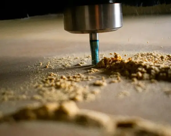 Frezarka CNC obrabia drewno, tworząc wióry. Optymalne parametry skrawania zapewniają precyzję i gładkość powierzchni.