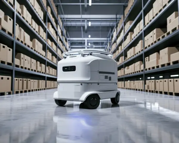 Nowoczesny robot AMR porusza się po magazynie pełnym paczek.