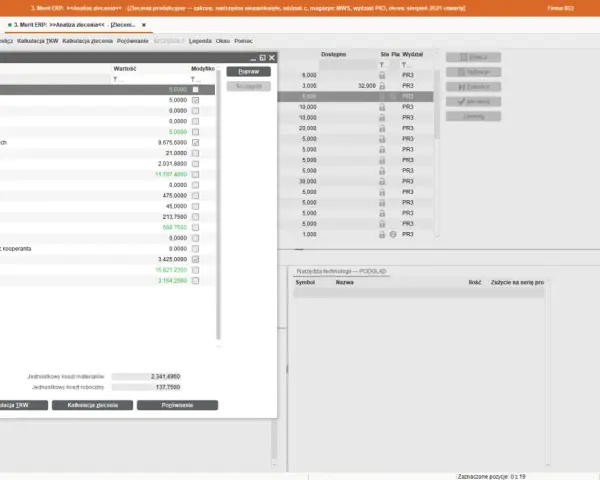 Analiza kosztów w systemie macrologic erp: koszty materiałów i robocizny.