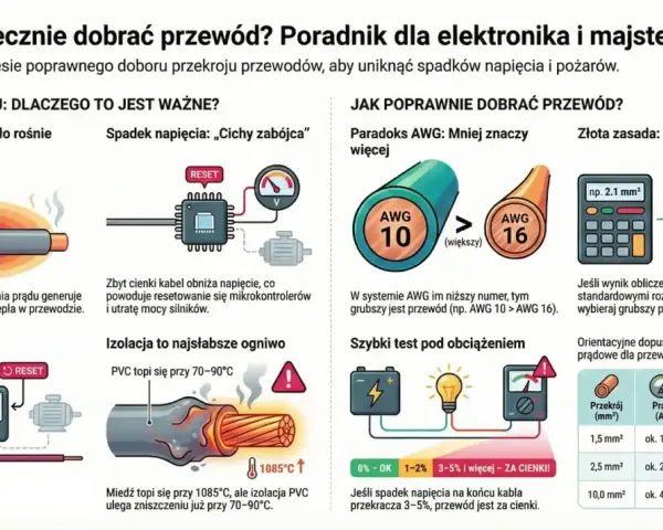 Wykres porównuje przekroje przewodów, pokazując, że grubszy przewód (np. 2.5 mm²) jest lepszy niż cieńszy (1.5 mm²), podobnie jak śruba 8.8 wytrzymałość zapewnia solidne połączenie.