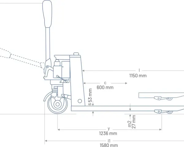Schemat paleciaka z wymiarami: wysokość podnoszenia 1200 mm, długość 1150 mm, szerokość 600 mm.