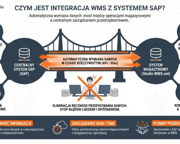 Diagram przedstawia integrację WMS z SAP, pokazując przepływ danych między systemami, usprawniając księgowość, sprzedaż, zakupy, przyjęcia, składowanie i wysyłkę.