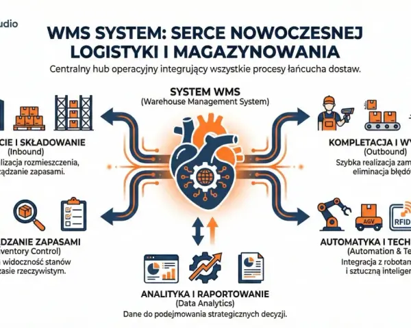 System magazynowy WMS jako serce logistyki: integracja przyjęcia, zarządzania zapasami, kompletacji, wysyłki, automatyki i analizy danych.