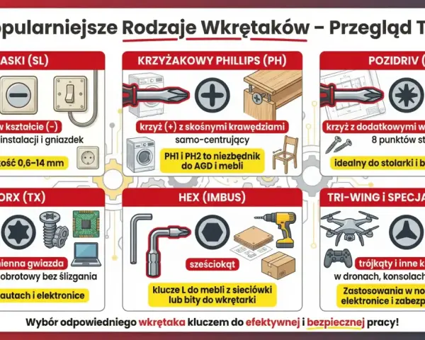 Przegląd rodzajów śrubokrętów: płaski, krzyżakowy (PH, PZ), Torx, imbus, Tri-Wing. Wybierz właściwy do pracy.