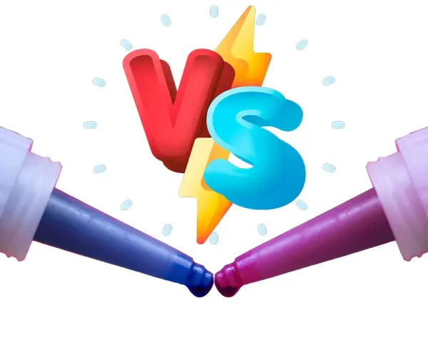 Dwa aplikatory z kroplami kleju, symbol "VS" i błyskawica. Jaki klej do gwintów wybrać?