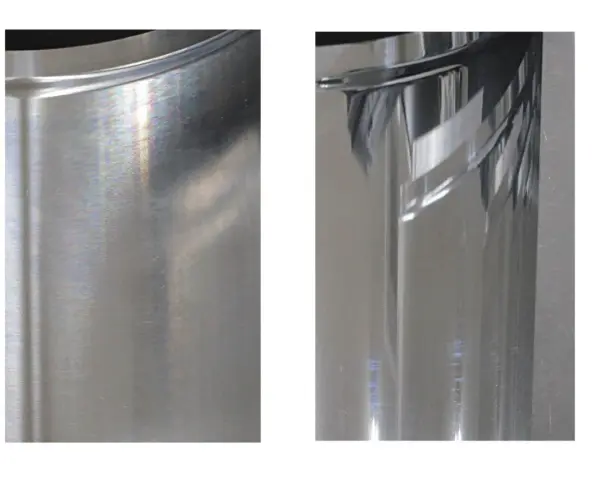 Dwa detale aluminiowe: jeden z widocznymi śladami po polerowaniu, drugi idealnie wypolerowany, lśniący.