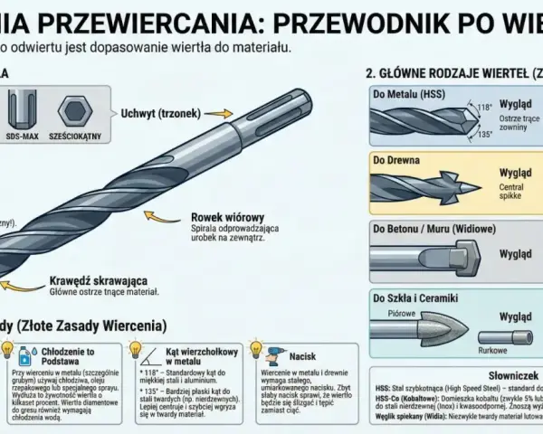 Anatomia wiertarki stołowej: budowa, rodzaje wierteł do metalu, drewna, betonu, szkła i ceramiki, oraz porady.