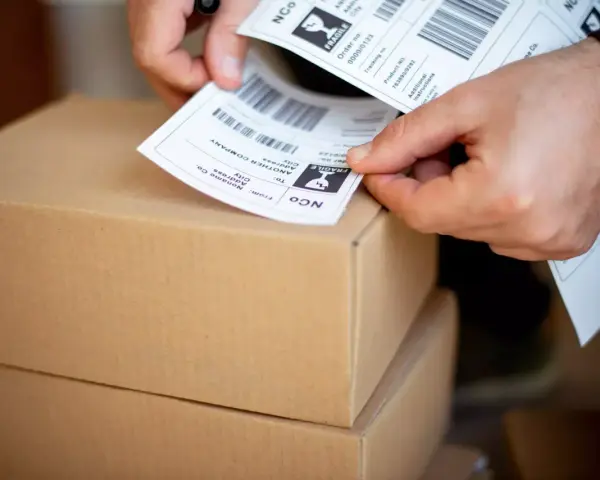 Ręce przygotowują etykiety z kodami kreskowymi do wysyłki. Automatyczna identyfikacja danych ułatwia proces.