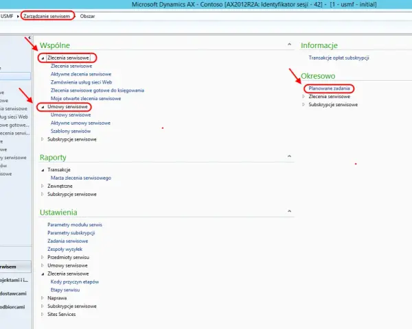 W Microsoft Dynamics AX 2012, w sekcji "Okresowo" widoczne są "Planowane zadania" dotyczące zleceń i subskrypcji serwisowych.