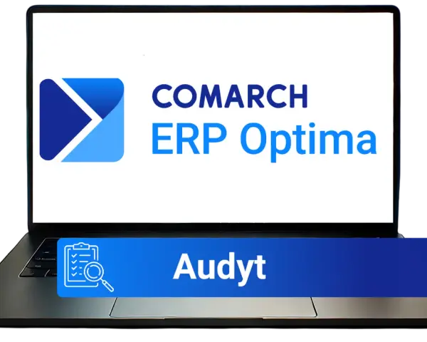 Laptop z logo Comarch ERP Optima i napisem "Audyt". To kluczowy element analizy przedwdrożeniowej.
