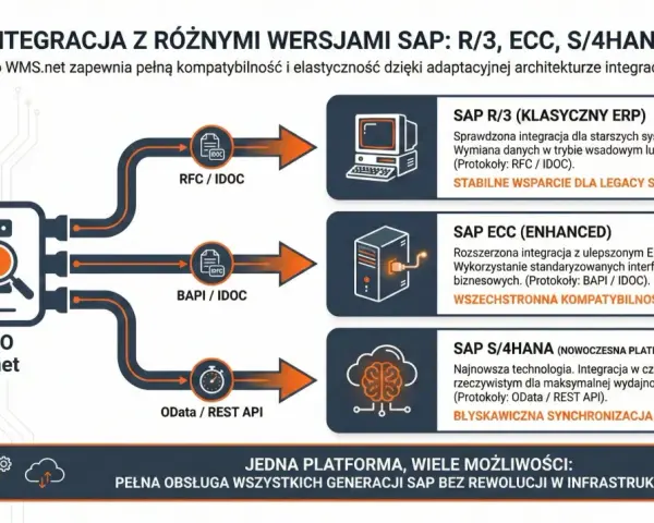 Studio WMS.net integruje różne wersje SAP (R/3, ECC, S/4HANA) przez RFC, IDOC, BAPI i OData/REST API, zapewniając płynną wymianę danych.