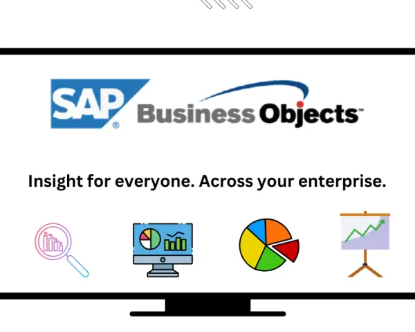 Ekran z logo SAP Business Objects i hasłem "Insight for everyone. Across your enterprise." Obok ikony lupy z wykresem, komputera z danymi, wykresu kołowego i tablicy z rosnącym wykresem.