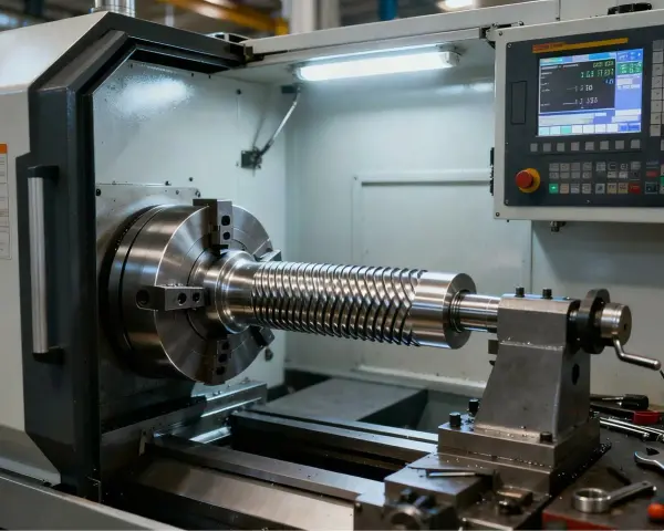 Precyzyjne radełkowanie na tokarce CNC, tworzące spiralny wzór na metalowym wałku.