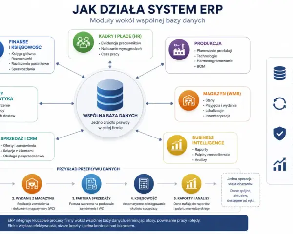 Schemat działania systemu ERP, ukazujący moduły (finanse, kadry, produkcja, zakupy, magazyn, sprzedaż, BI) połączone ze wspólną bazą danych. To kluczowy element sprawnego systemu zaopatrzenia.