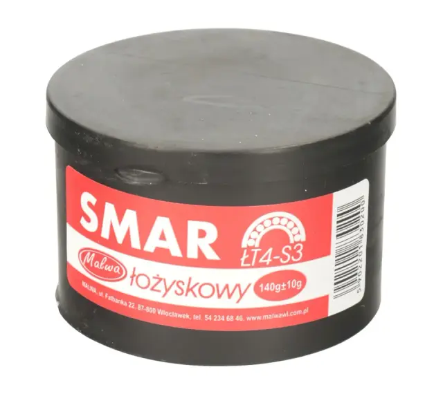 Czarny pojemnik ze smarem łożyskowym Malwa ŁT4-S3, 140g. Niezbędny do konserwacji maszyn.