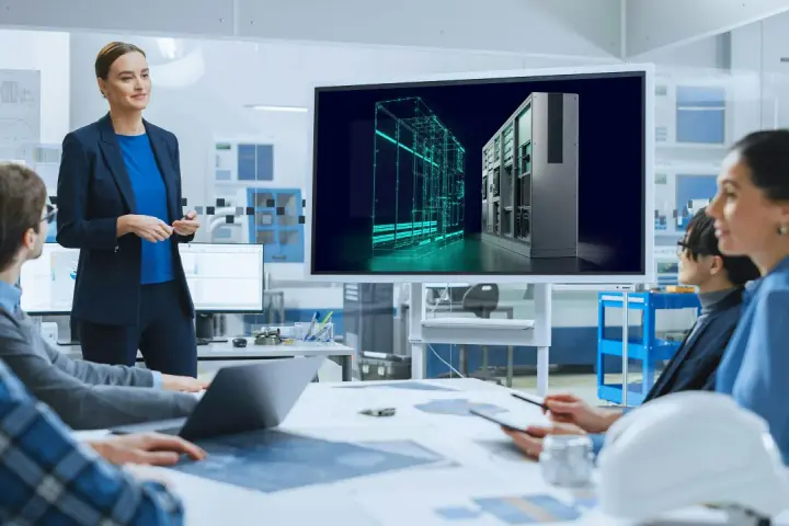 Zespół omawia projekt z wykorzystaniem oprogramowania Siemens PLM. Na ekranie widoczny jest trójwymiarowy model szafy sterowniczej.
