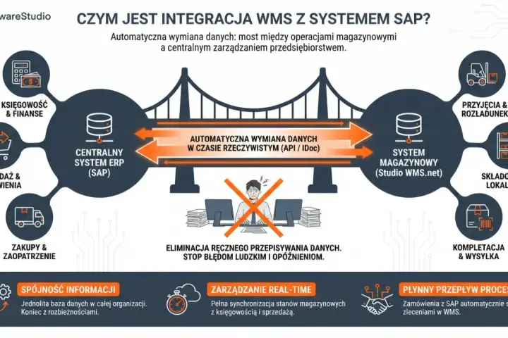 Diagram przedstawia integrację WMS z SAP, pokazując przepływ danych między systemami, usprawniając księgowość, sprzedaż, zakupy, przyjęcia, składowanie i wysyłkę.