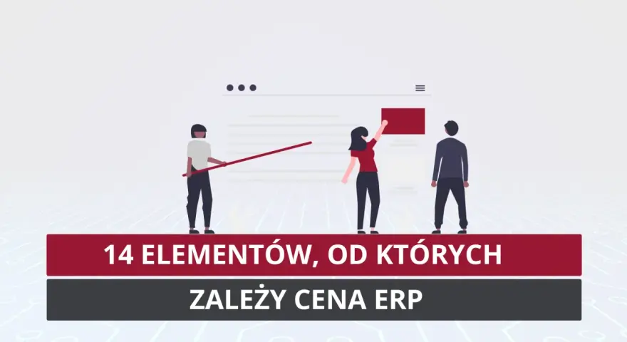 Trzy postacie analizują dane na ekranie, sugerując kluczowe elementy wpływające na cenę systemu Oracle ERP.