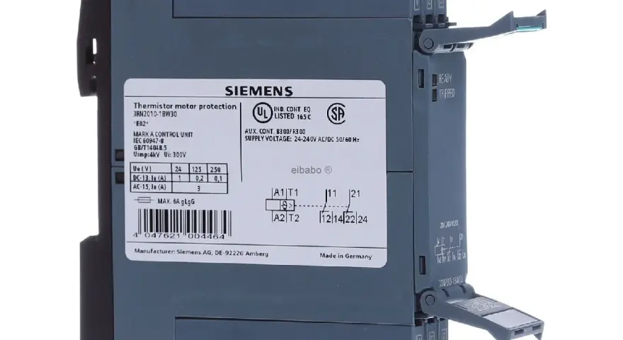 Siemens 3RN2010-1BW30, zabezpieczenie termiczne silnika, zasilanie 24-240V AC/DC, z certyfikatami UL i SP.