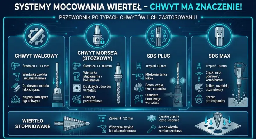 Przewodnik po rodzajach mocowań wierteł: walcowy, Morse'a, SDS Plus i SDS Max, z ich zastosowaniami.