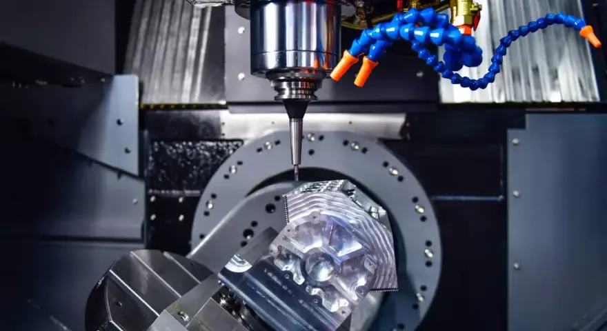 Precyzyjne frezowanie detalu z aluminium. Wiertło precyzyjnie dociera do celu, kontrolując głębokość skrawania.