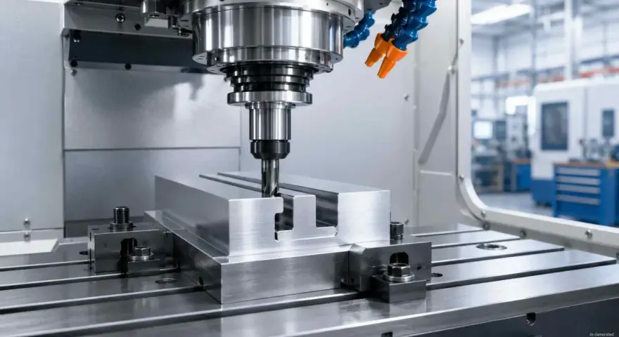 Precyzyjne cięcie metalu przez frez teowy w nowoczesnej maszynie CNC.