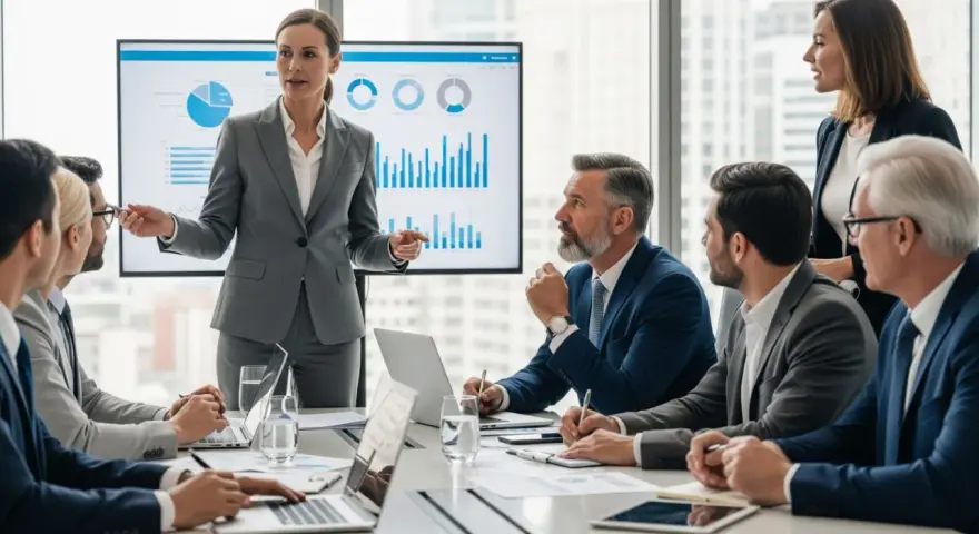 Kobieta prezentuje dane finansowe, omawiając strategię firmy, która może obejmować analizę SAP JPK. Zespół słucha uważnie.