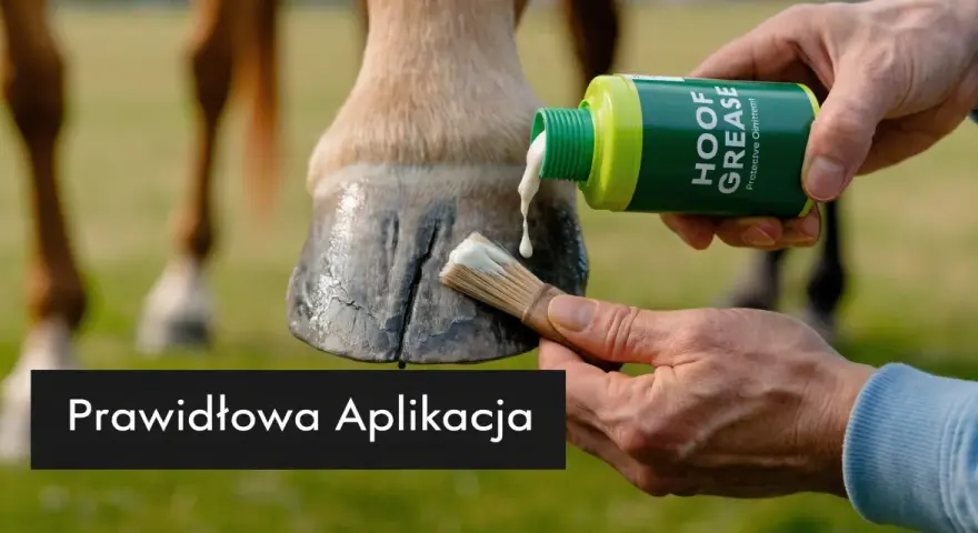 Aplikacja smaru stałego na kopyto konia pędzlem. Dbałość o zdrowie i kondycję zwierzęcia.