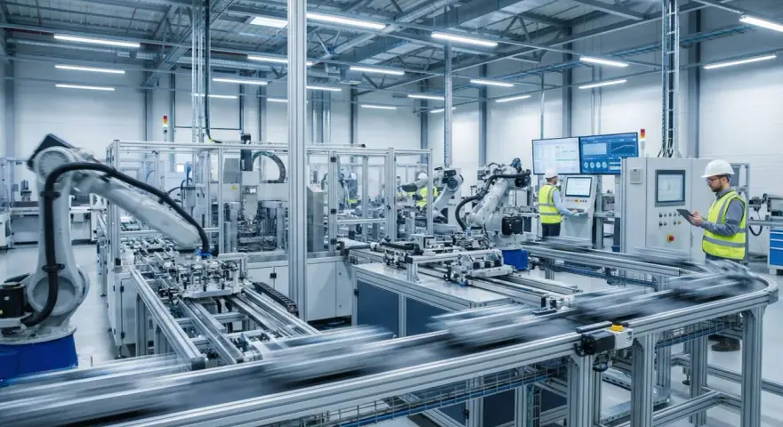 Nowoczesna linia produkcyjna z robotami przemysłowymi, gdzie pracownicy nadzorują procesy i wykonują przeglądy okresowe.
