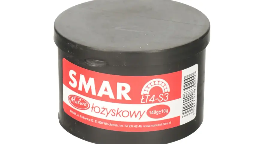 Czarny pojemnik ze smarem łożyskowym Malwa ŁT4-S3, 140g. Niezbędny do konserwacji maszyn.
