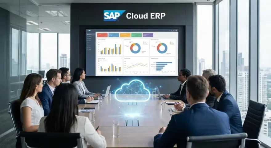 Zespół omawia dane na ekranie z logo SAP Cloud ERP. To pokazuje, sap co to jest: system zarządzania zasobami przedsiębiorstwa w chmurze.