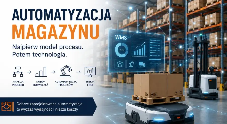 Nowoczesny magazyn z autonomicznym robotem transportującym paczki. Automatyzacja magazynu to klucz do efektywności.