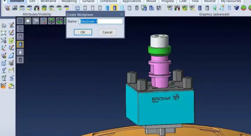 Tworzenie płaszczyzny roboczej dla elektrod. Różne rodzaje elektrod są widoczne w oprogramowaniu CAD.