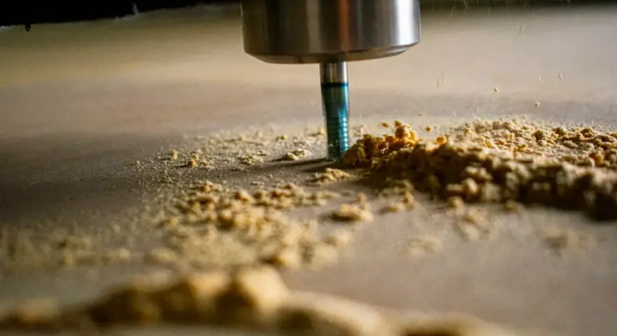 Frezarka CNC obrabia drewno, tworząc wióry. Optymalne parametry skrawania zapewniają precyzję i gładkość powierzchni.
