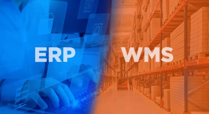 Połączenie ERP i WMS: zarządzanie firmą i magazynem. Widok na ręce piszące na klawiaturze i regały magazynowe.