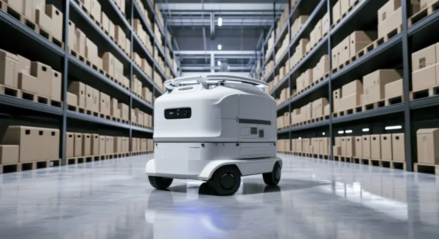 Nowoczesny robot AMR porusza się po magazynie pełnym paczek.