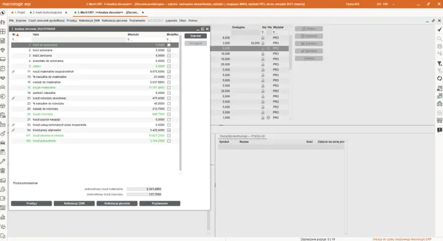 Analiza kosztów w systemie macrologic erp: koszty materiałów i robocizny.