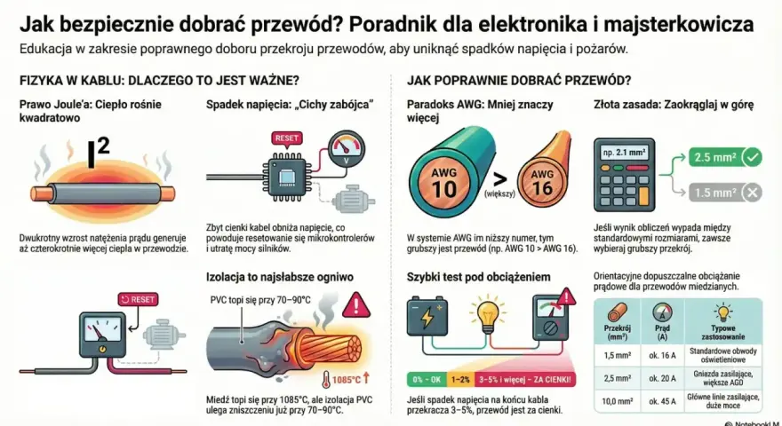 Wykres porównuje przekroje przewodów, pokazując, że grubszy przewód (np. 2.5 mm²) jest lepszy niż cieńszy (1.5 mm²), podobnie jak śruba 8.8 wytrzymałość zapewnia solidne połączenie.