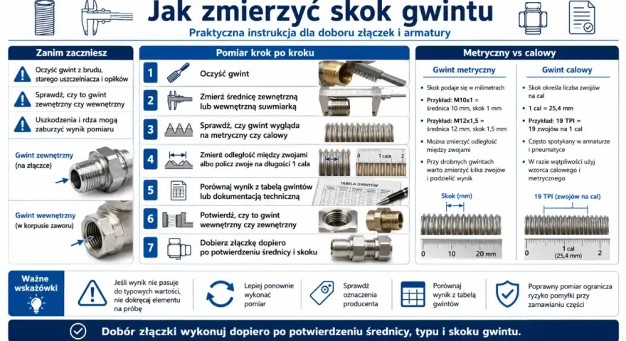 Instrukcja mierzenia gwintu: sprawdź gwint metryczny lub calowy, zmierz średnicę i skok. Przykład: gwint M16 wymiary.
