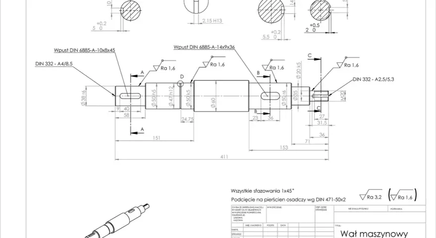 Rysunek techniczny wału maszynowego z wymiarami, tolerancjami i detalami, w tym wpustami i podcięciami. Widać tu również tabelę z danymi technicznymi, gdzie można znaleźć informacje o gwincie trapezowym.