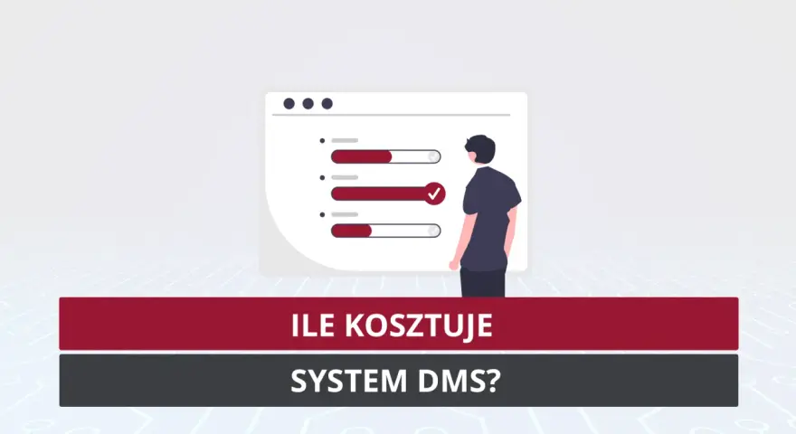 Ilustracja przedstawia mężczyznę patrzącego na ekran z paskami postępu, symbolizującymi wdrożenie systemu zarządzania dokumentami.