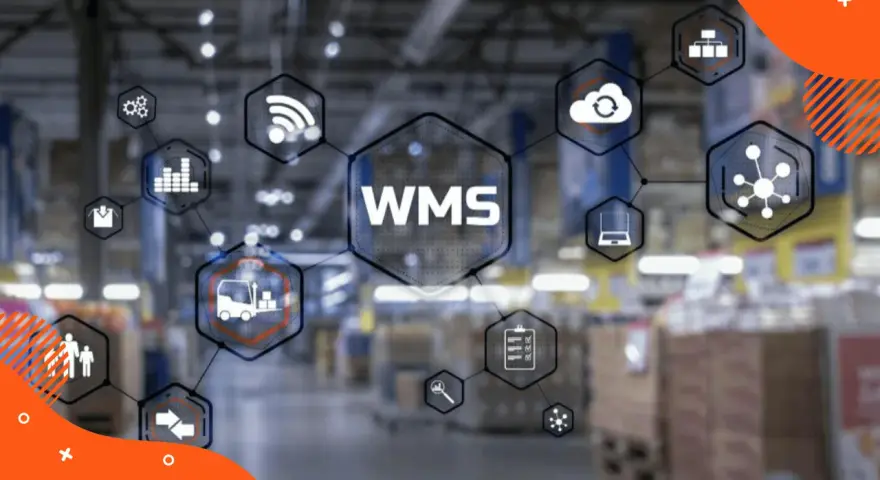 System WMS co to? Grafika przedstawia schemat zarządzania magazynem z ikonami symbolizującymi logistykę, chmurę, sieć i ludzi.